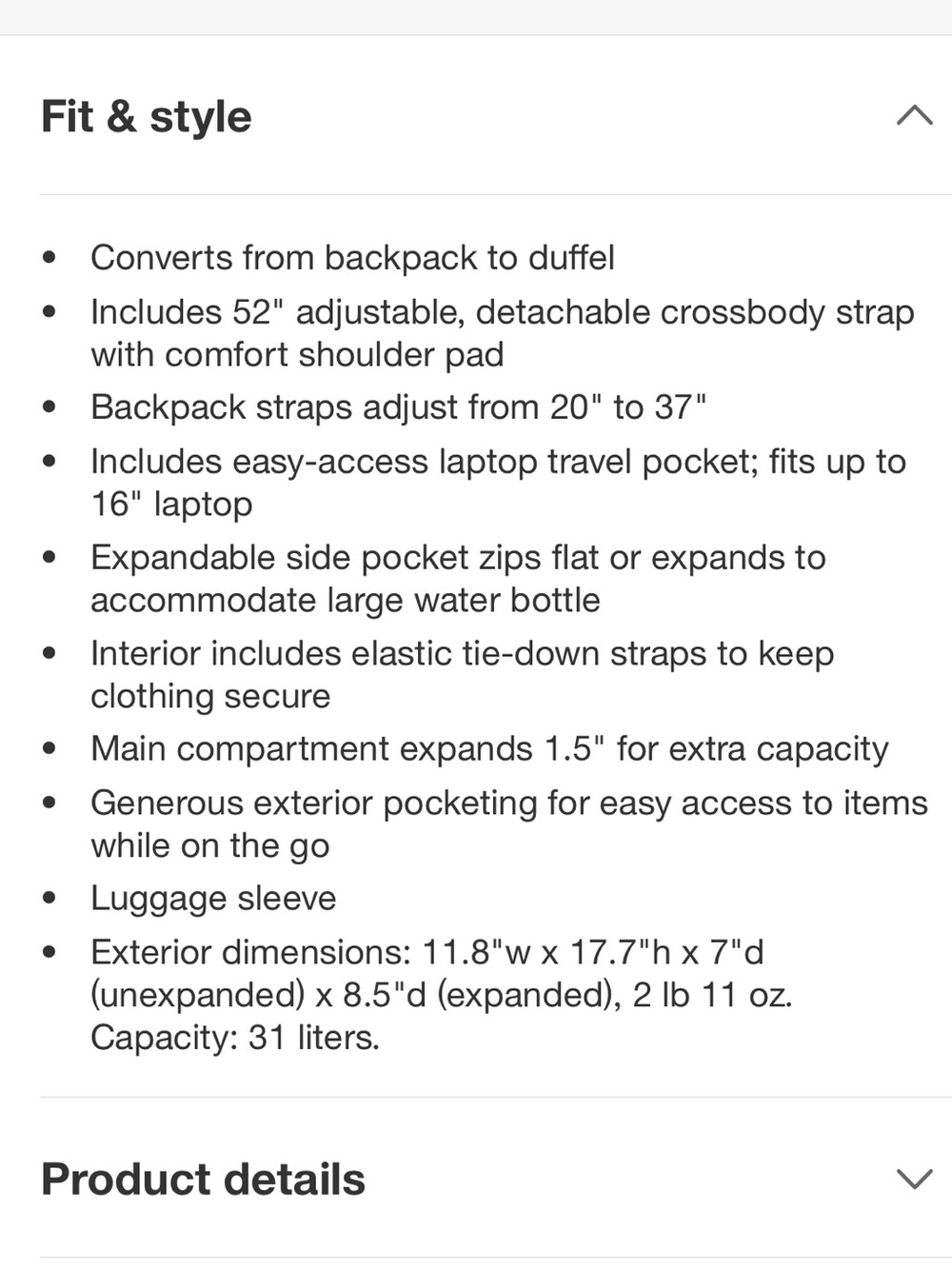 Baggallini Modern Convertible
Expandable Travel Duffle Backpack. French Navy. - Picture 5 of 6